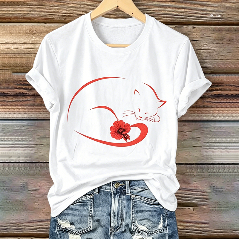 Women's Memorial Day Poppy Cat Art Printed T-Shirt