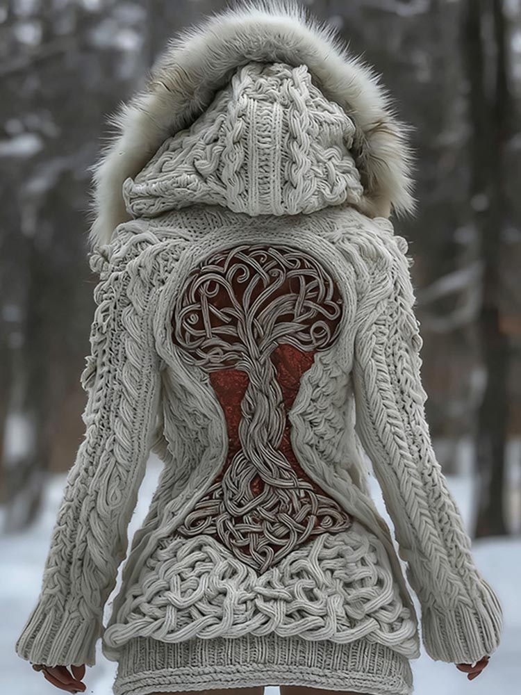 Women's Viking Tribal Tree Of Life Celtic Knot Fur Collar Zipper Sweater Jacket