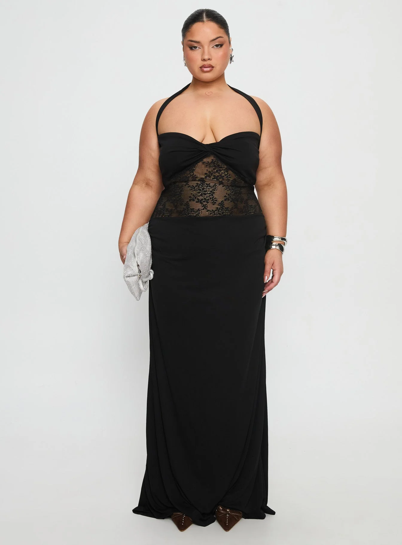 Adalyne Lace Halter Maxi Dress Black Curve