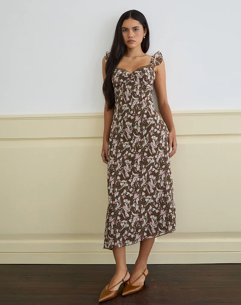 Daita Midi Dress in Chiffon Polka Flower Brown