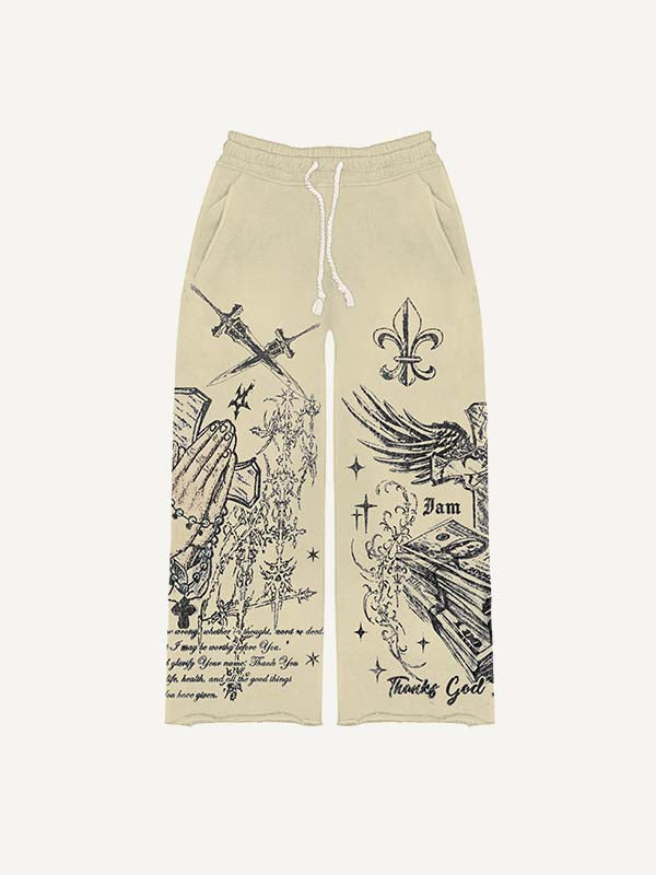 Pray&Cross&Wing&Money&Graphic&Letter Print Elastic Waist Pants