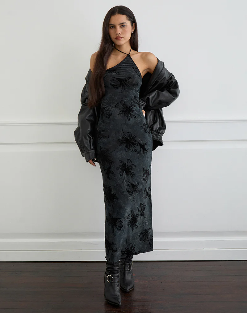Rikaya Maxi Dress in Burn Velvet Grey