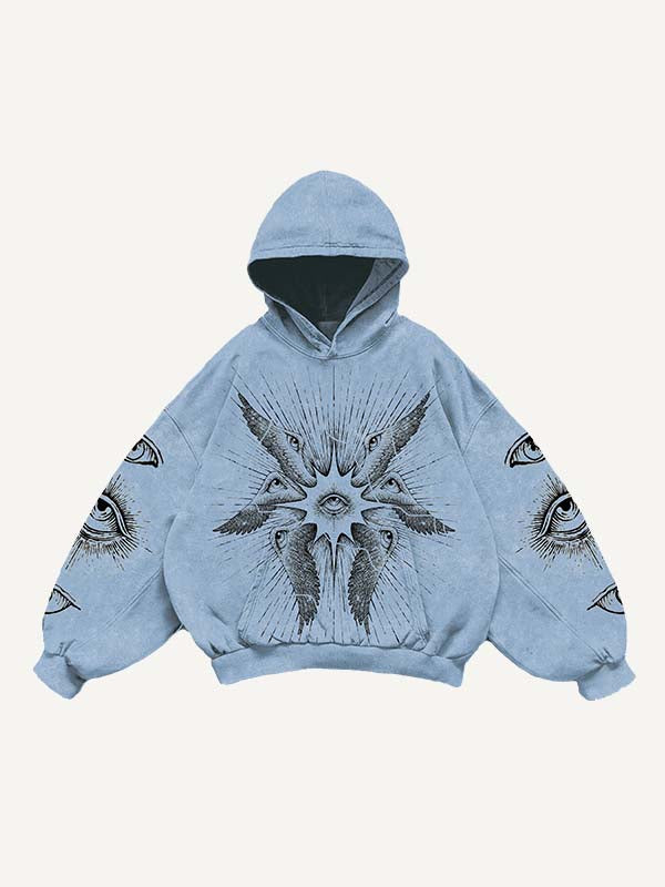 Wing&Eye Print Slant Pockets Hoodie
