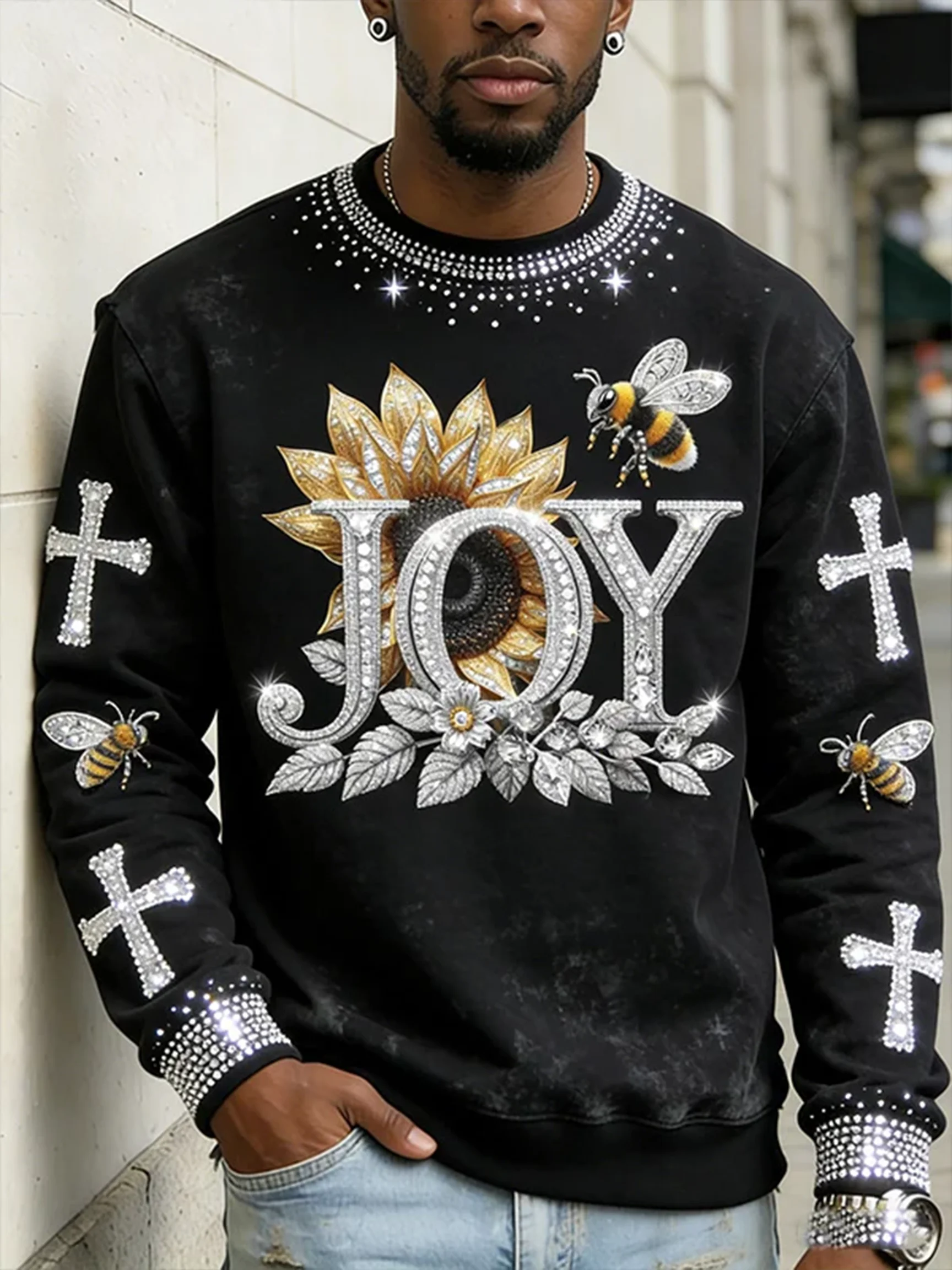 Men's Retro Joy Flowers Crucifix Bee Art Printed Sweatshirt