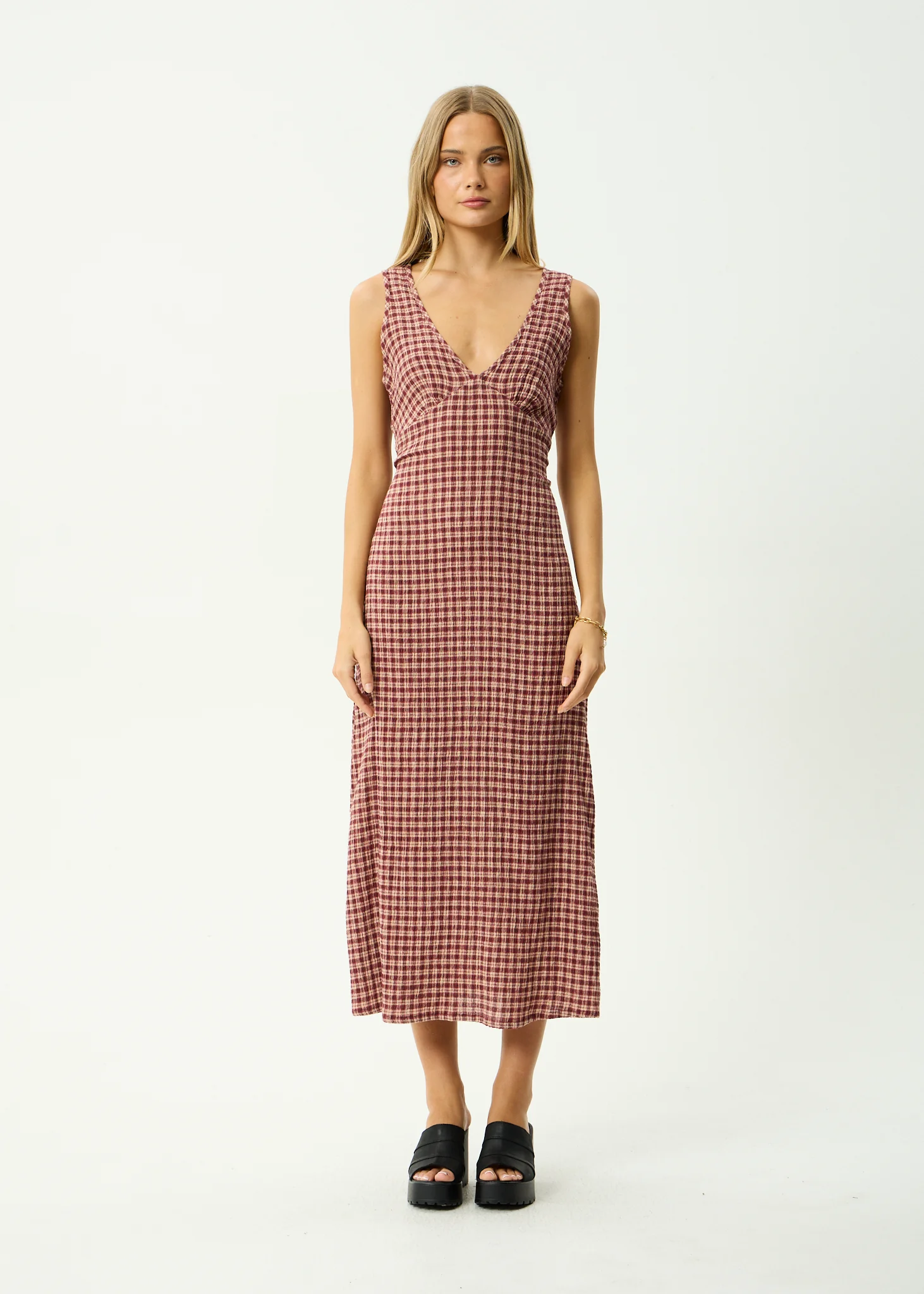 AFENDS Womens Tully - Seersucker Maxi Dress - Burgundy / Beige Check