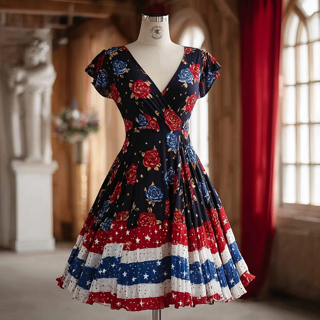Women's US 250th Anniversary Retro Floral Print Casual Dress