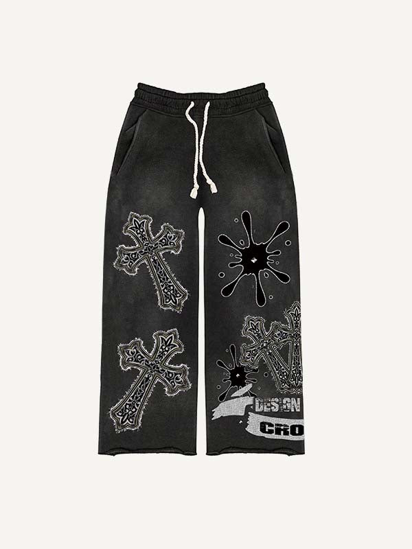 Cross&Graphic Faux Decal Print Elastic Waist Pants