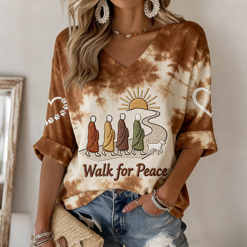 Walk For Peace Tie-dye Cotton Linen Long-sleeve V-neck T-shirt