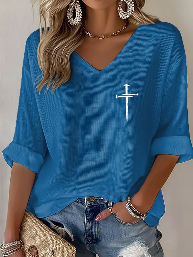 Women's Retro Faith Cross Design Printed Waffle Long Sleeve T-Shirt