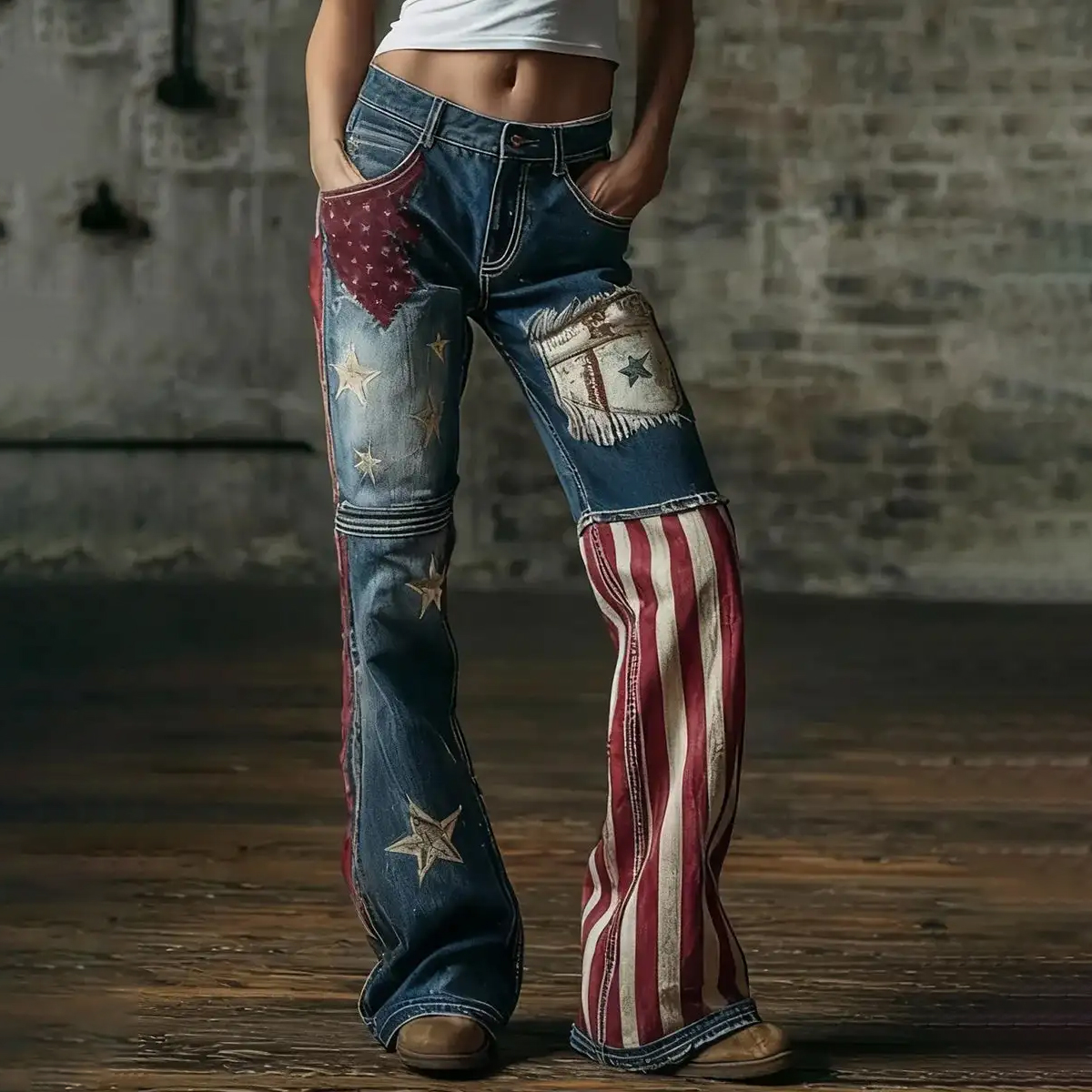 Women's American Flag  Inspired Print Vintage Washed Jeans