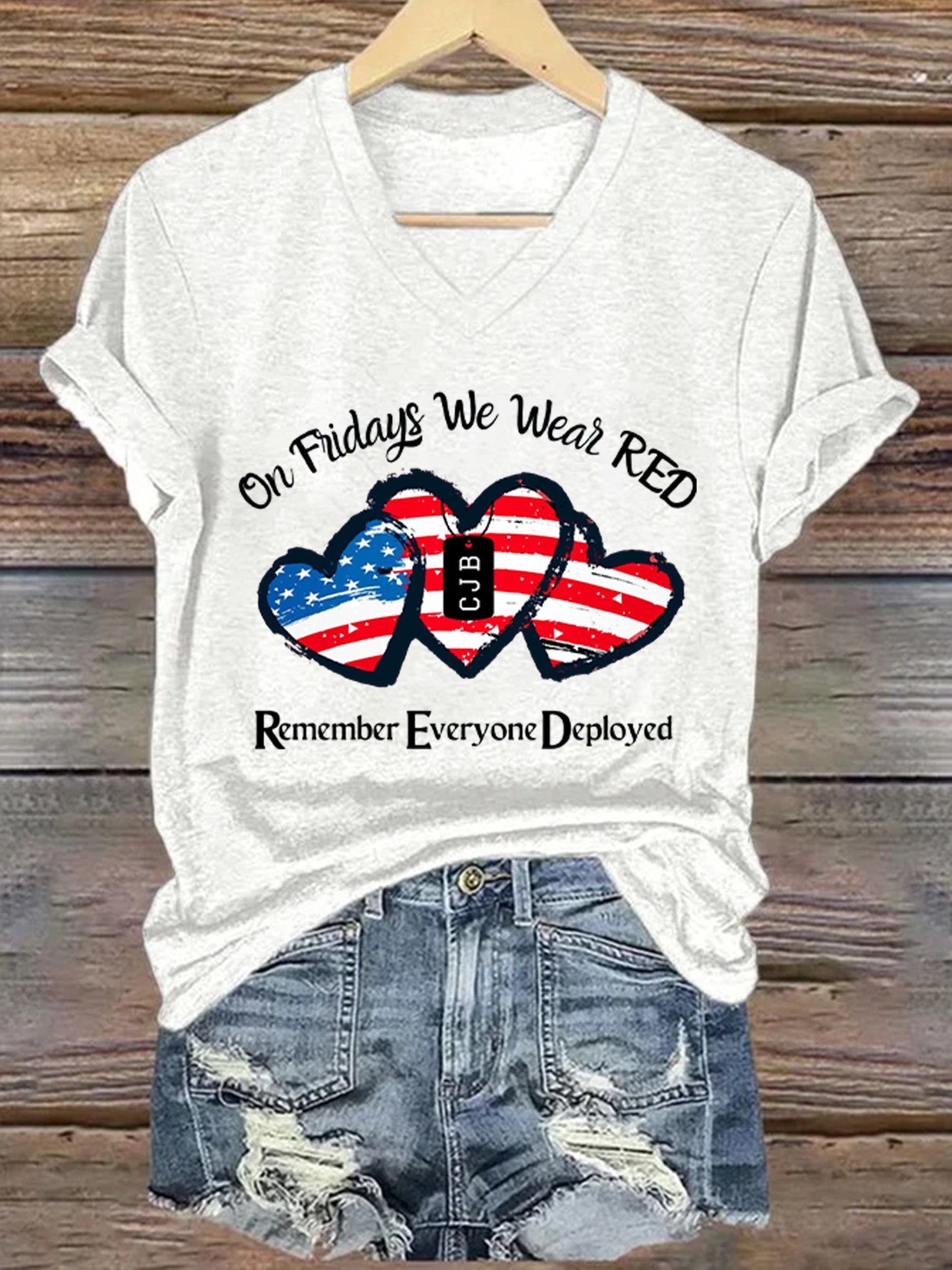 Women's On Fridays We Wear RED Print V Neck T-shirt