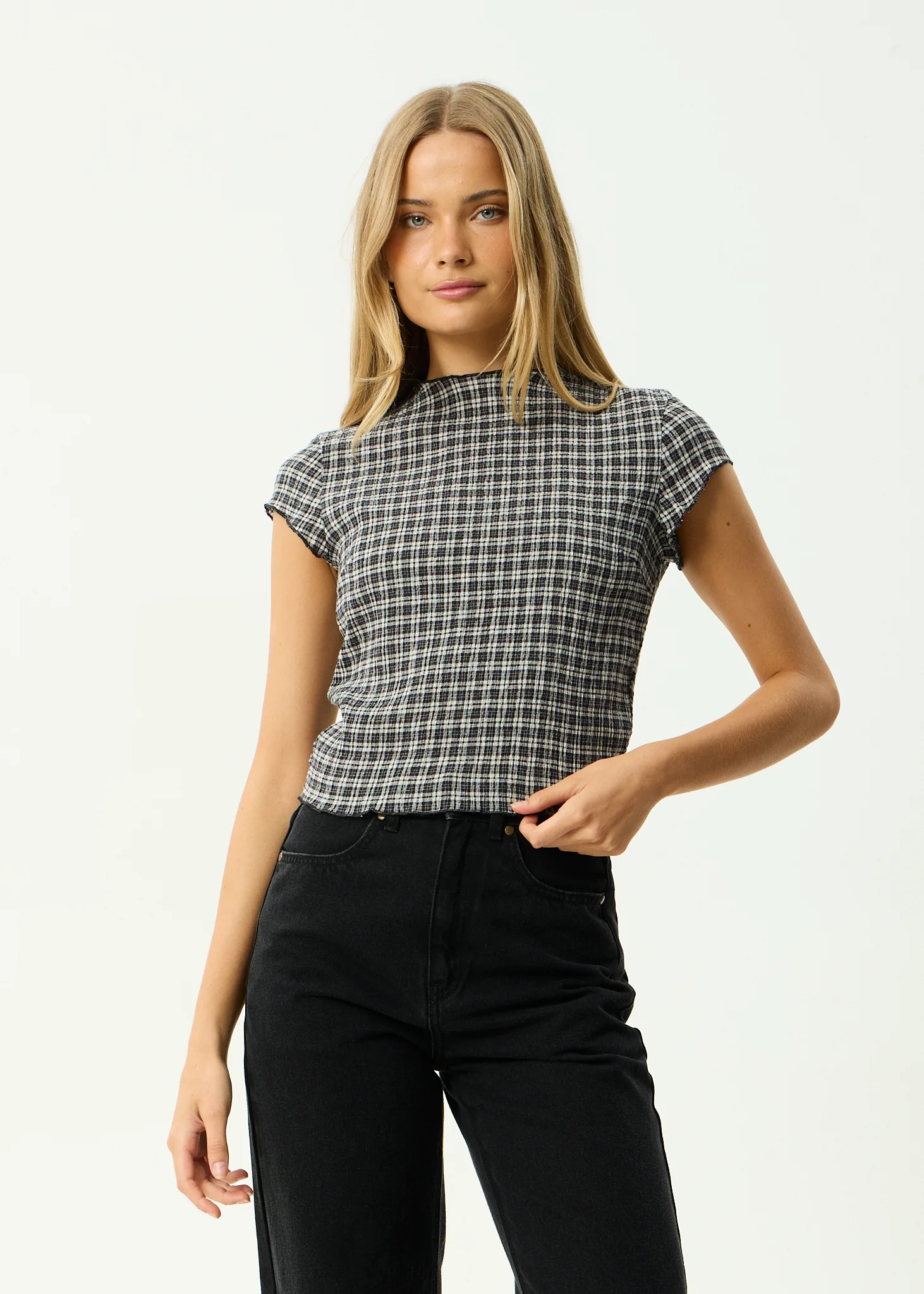 AFENDS Womens Wren - Seersucker Top - Steel Check