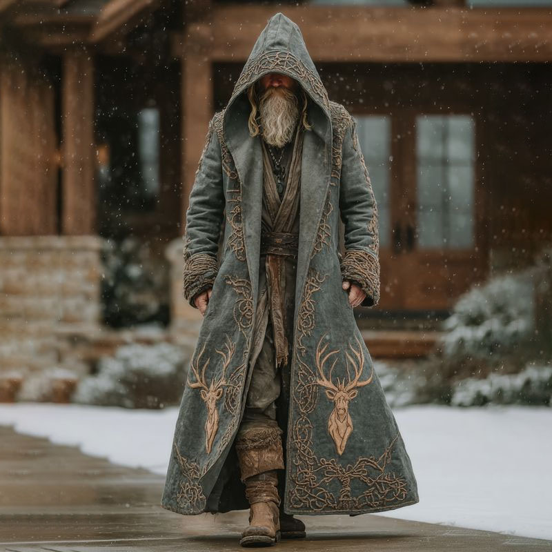 Men's Viking Celtic Knot With Deer Pattern Hooded Kaftan Cloak Jacket