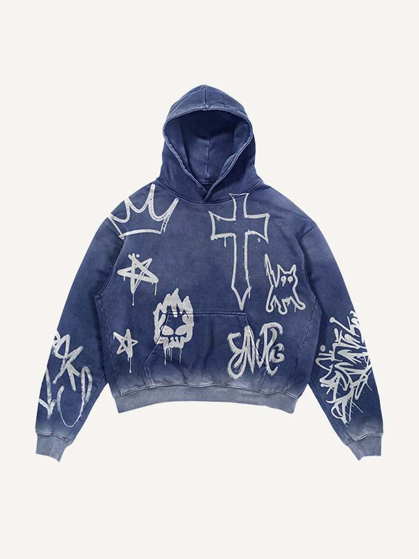 Cross&Cat&Skull&Crown&Graffiti Print Slant Pockets Hoodie