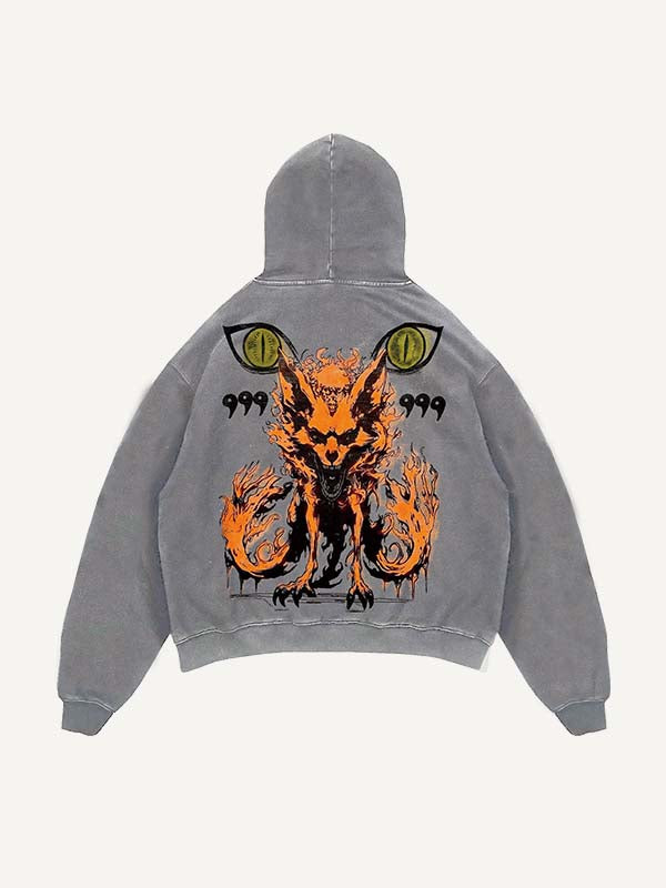 Distressed   Fox&Eye Print Slant Pockets Hoodie