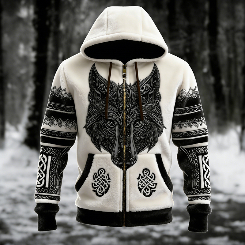 Men's Viking Celtic Knot And Wolf Pattern Flannel Comfortable Warm Hooded Jacket