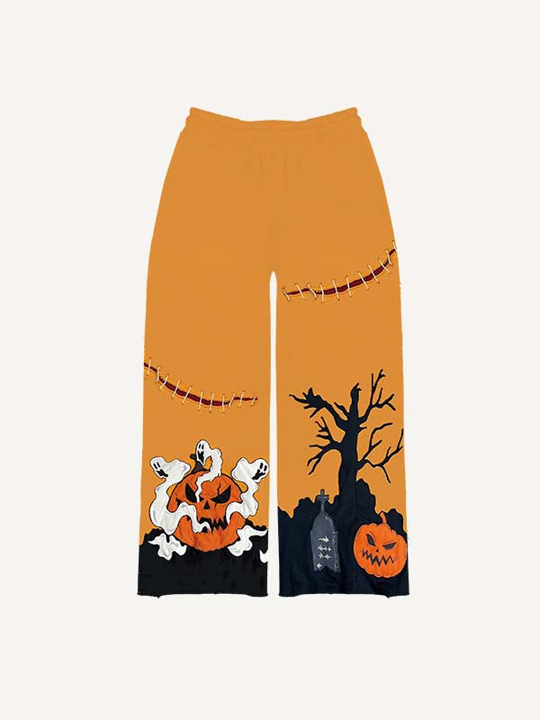Halloween Pumpkin&Ghost&Graphic Faux Decal Print Elastic Waist Pants