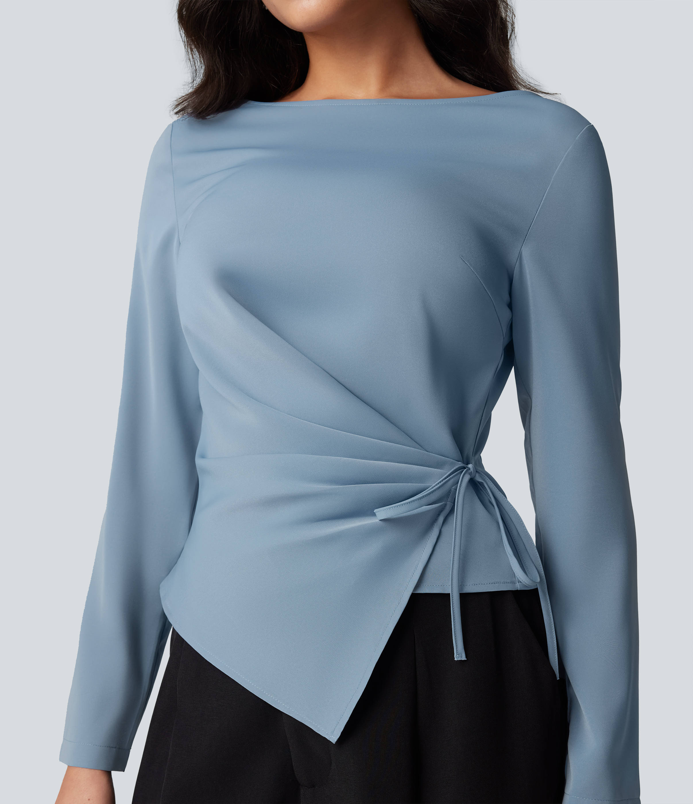 Wrinkle-resistant Boat Neck Long Sleeve Ruched Tie Work Blouse