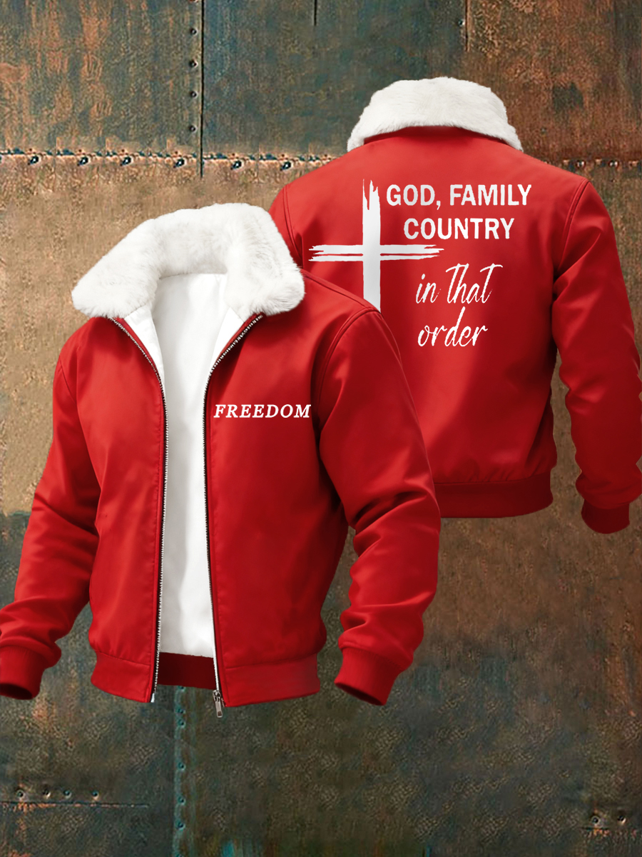 Men's Freedom God Family Country In That Order Fur Collar Zip-Up Jacket
