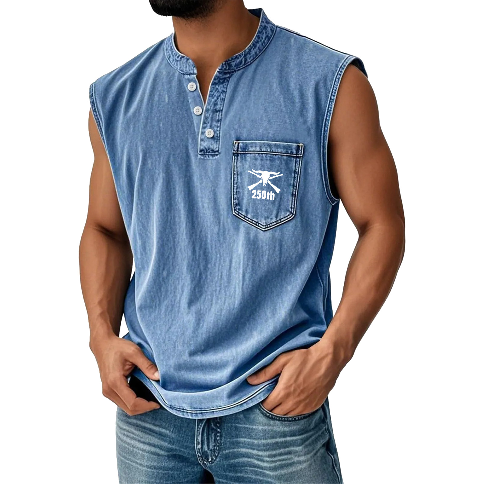 Men's Washed Cotton Sleeveless Henley Vest