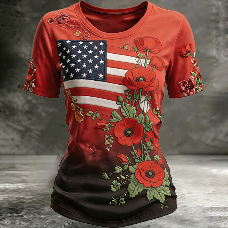 Women's Memorial Day Poppy Art Printed T-Shirt
