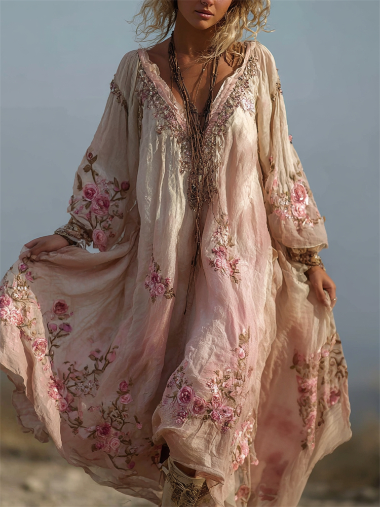 Boho Pink Roses Embroidered Oversize Flowy Linen Maxi Dress
