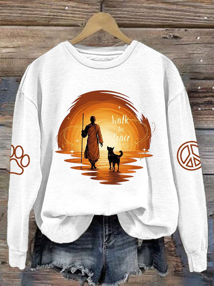 Women's Vintage Walk For Peace Print Crew Neck Sweatshirt
