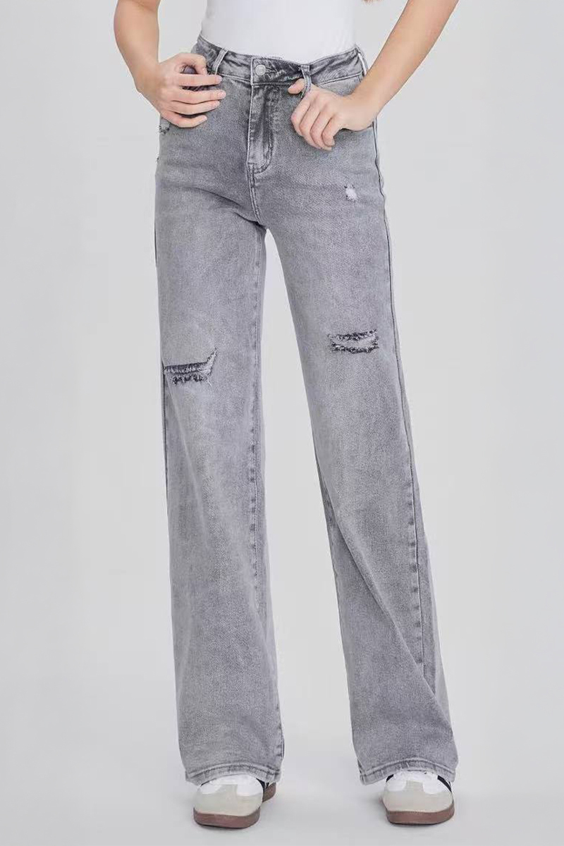 Street High Waist Multi-Pocket Ripped Wide Leg Jeans