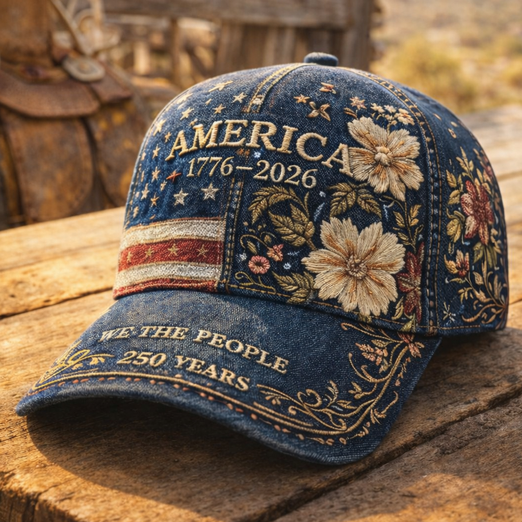 Vintage Embroidered Denim Baseball Cap – America 1776–2026 – 250th Anniversary Patriotic Floral Star Design