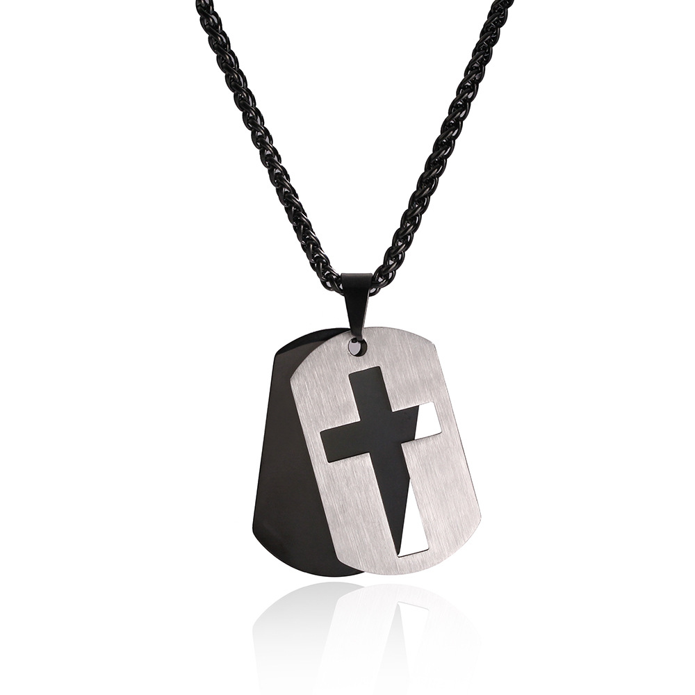 Men's Black Military Plaque Hollow Cross Pendant Necklace