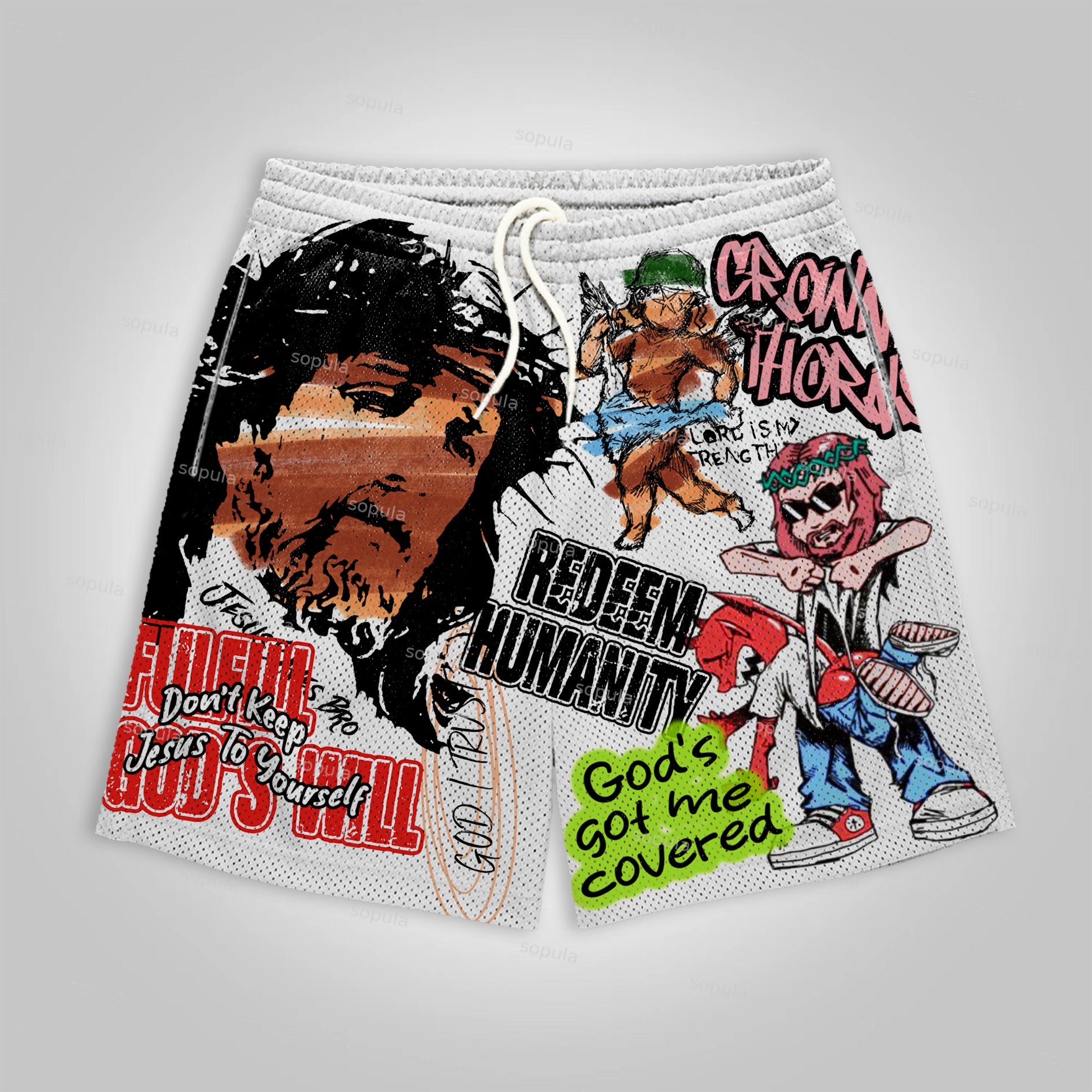 Graffiti Jesus Retro Graphic Mesh Shorts