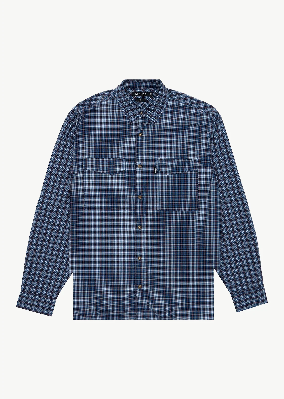 AFENDS Mens Mountains - Oversized Long Sleeve Shirt - Navy Check
