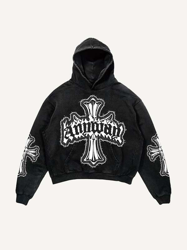 Cross&Letter Faux Decal Print Slant Pockets Hoodie