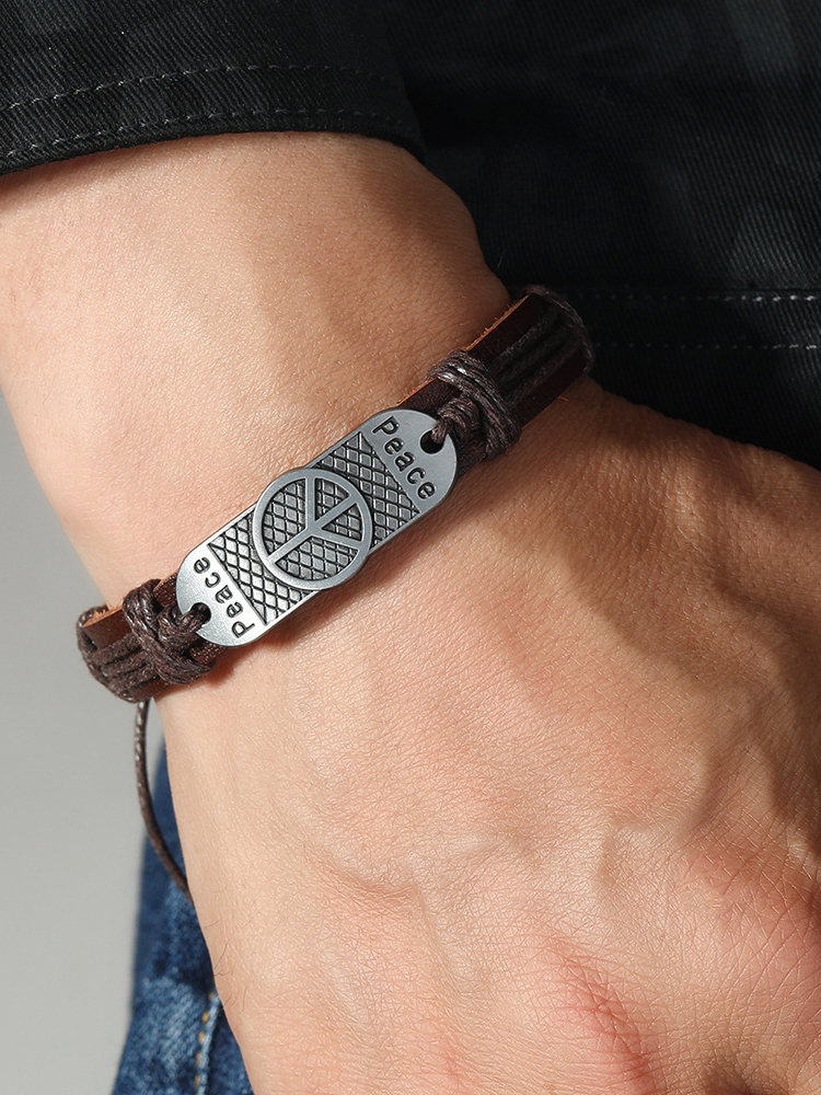 Handmade Beaded Cowhide Bracelet Alloy Peace Bracelet