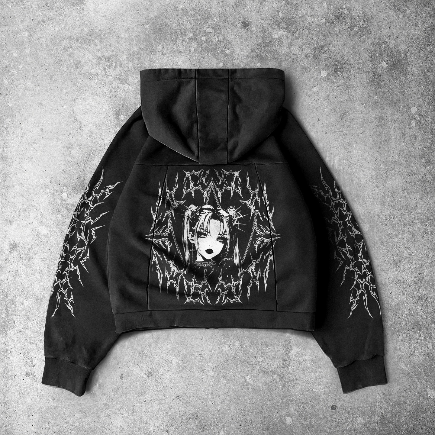 Dark Anime Graphic Cropped Zip Up Hoodie