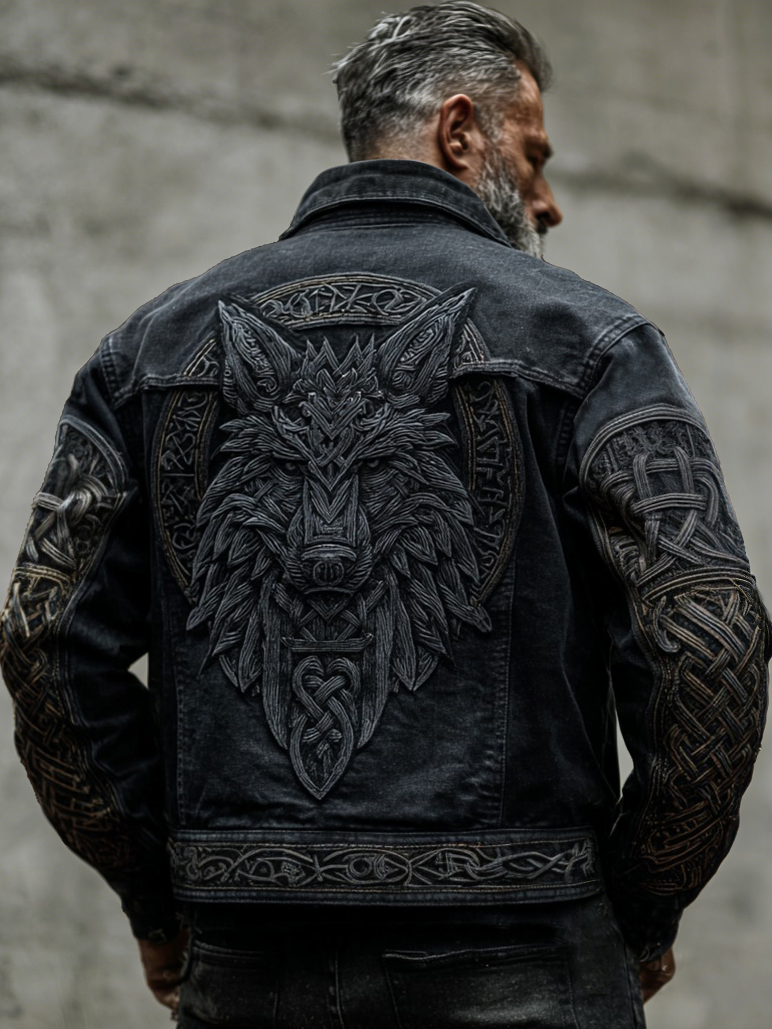 Men's Vintage Viking Celtic Wolf Art Washed Denim Jacket