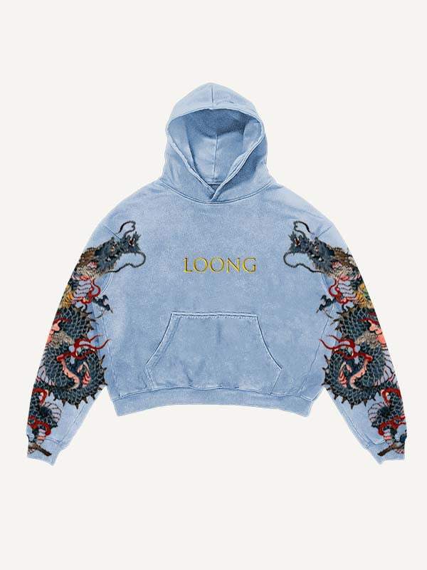 Dragon&Letter Print Slant Pockets Hoodie