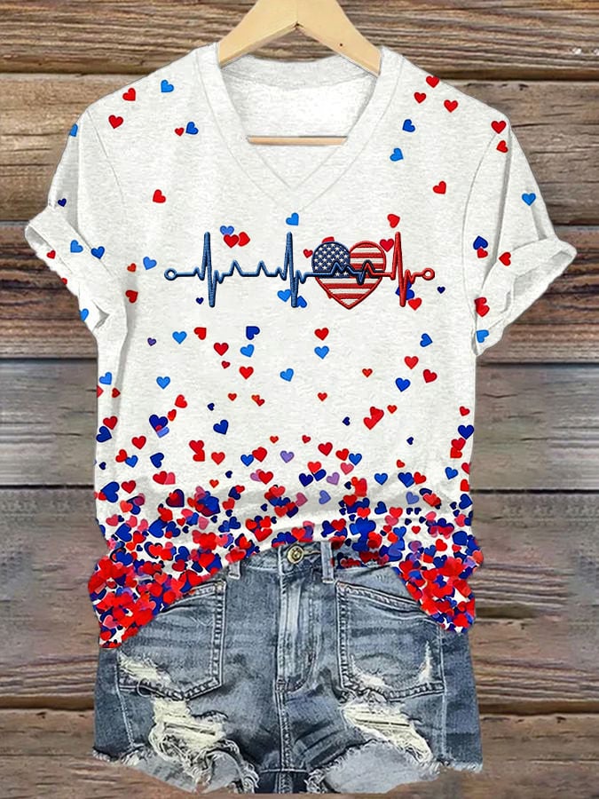 Women's casual heart-print T-shirt