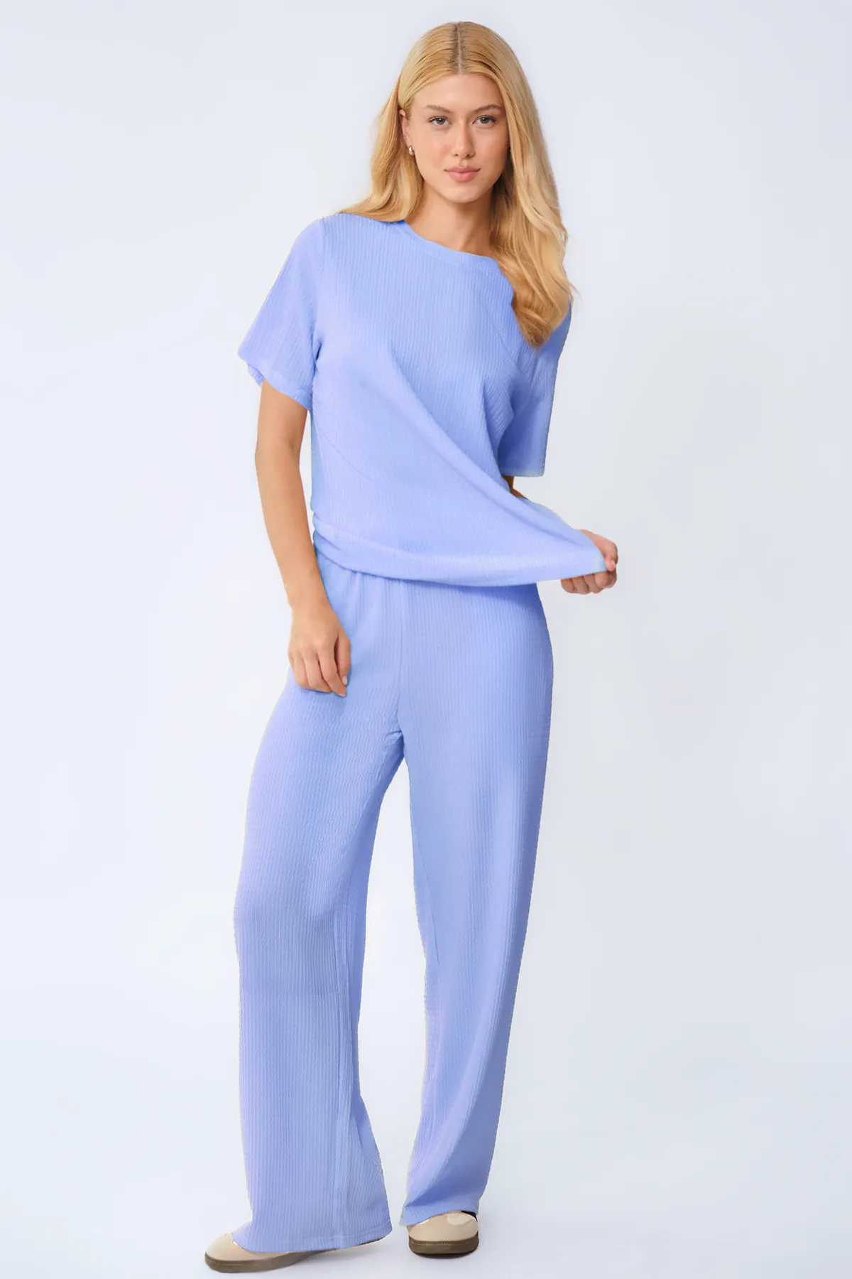 Cozy Solid Round Neck Short Sleeve Top & Wide Leg Trousers Co-ord