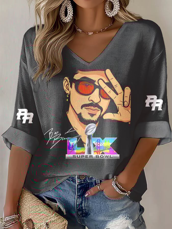 Puerto Rico color casual Women's Football Print V Neck T-shirt