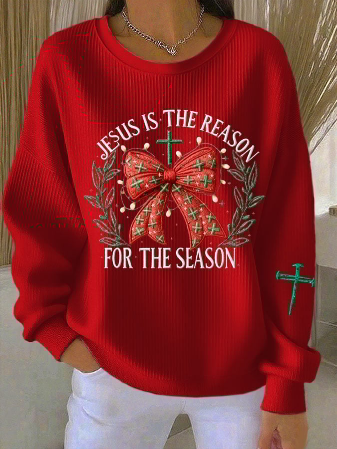 Women's JESUS IS THE REASON FOR THE SEASON Print Knit Crew Neck Long Sleeve Top