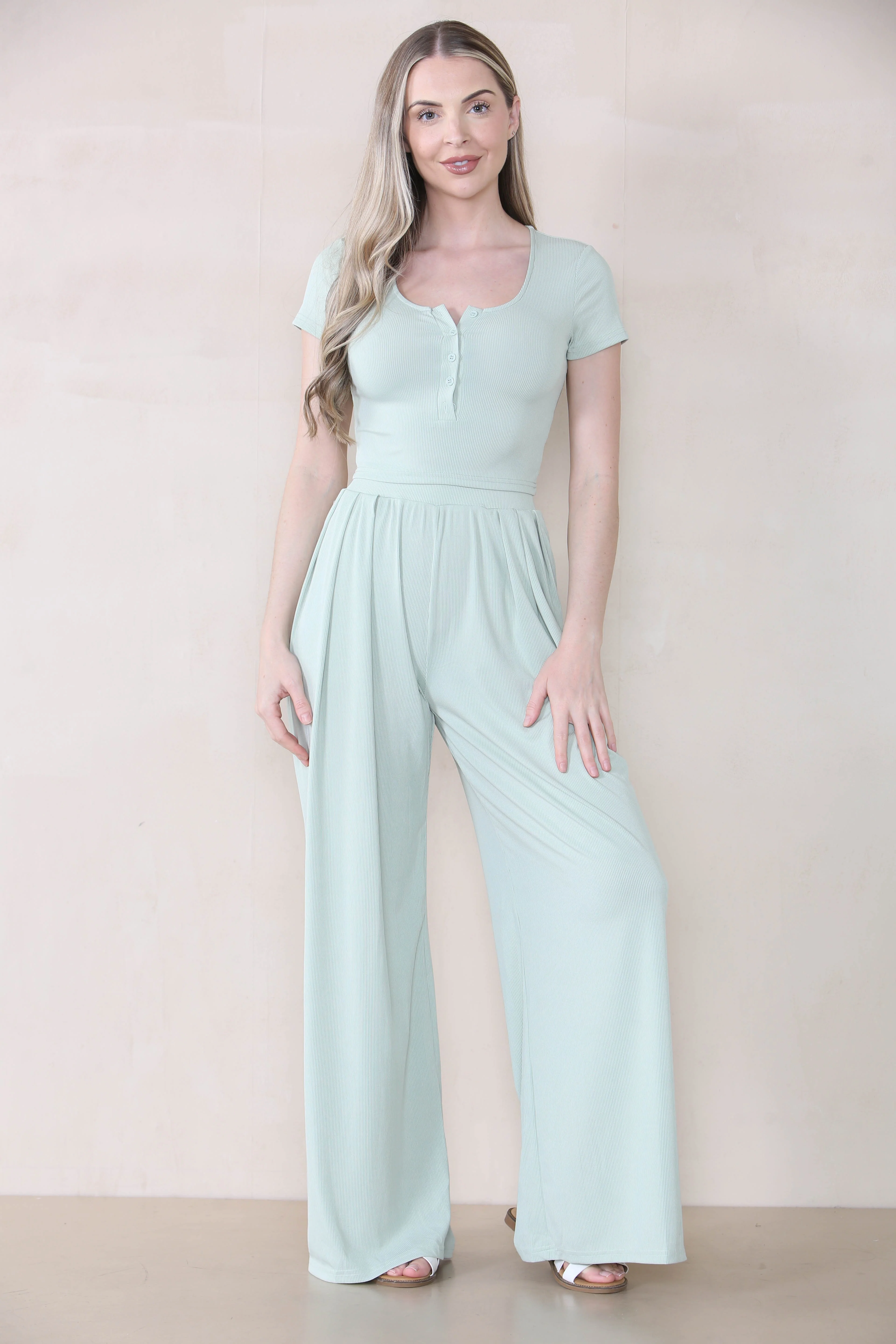 Casual Partial Button Slim Top & Wide Leg Trousers Co-ord
