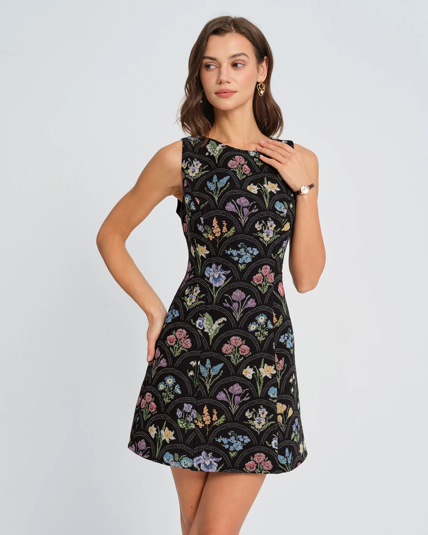 Black Floral Boat Neck Mini Dress