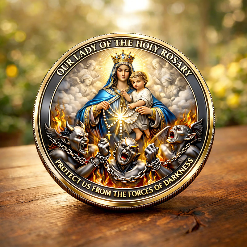 Our Lady of the Rosary Protection Coin – Queen of Heaven Pray For Us Religious Collectible