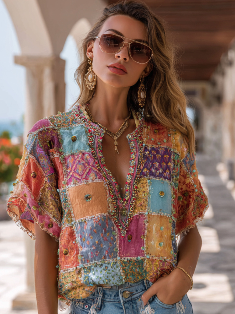 Bohème Summer Print Patchwork Refreshing V-neck Top
