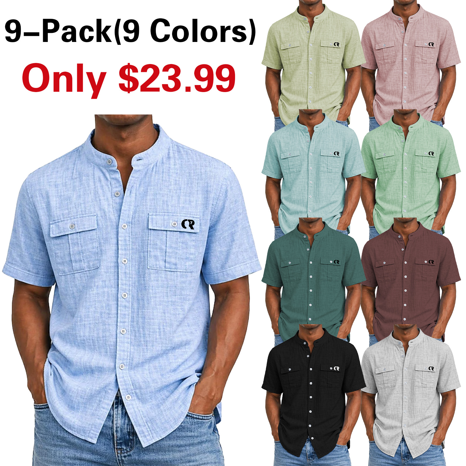 Men's Shirt Linen Shirt Summer Shirt Beach Wear Band Collar Shirt Button Up Shirt Solid Color Casual Vacation Blue Black Navy Blue Green Short Sleeve Stand Collar Summer Spring Clothing Apparel Front