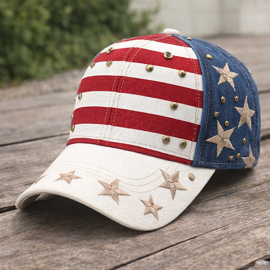 Vintage American Flag Studded Baseball Cap – Distressed Patriotic Embroidered Star Snapback Hat