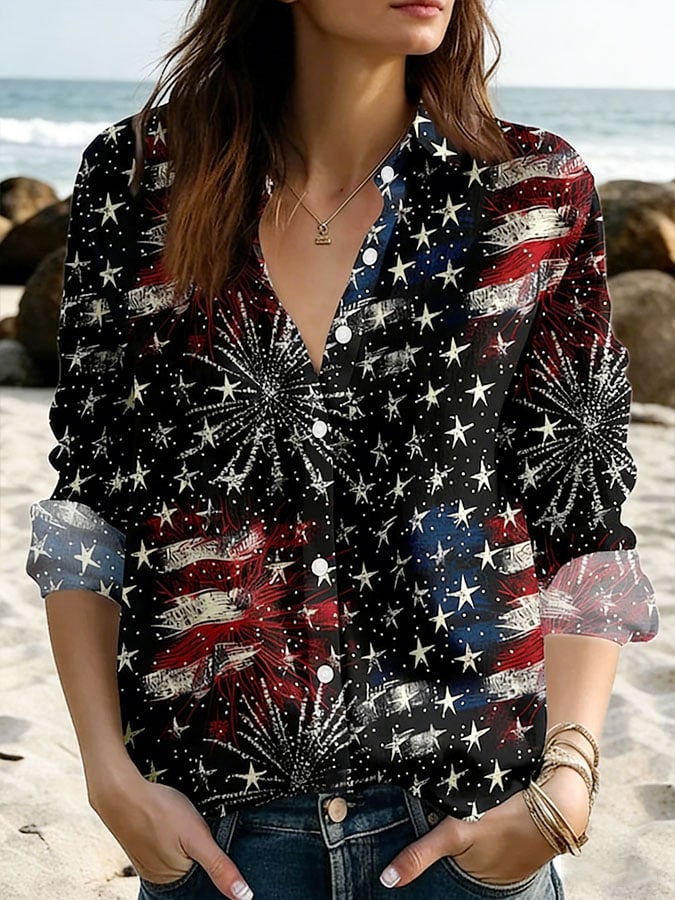 Women's Retro 250th Anniversary Print Casual Collared Shirt