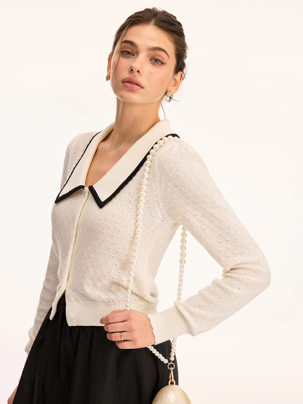 Wool Blend Collared Pointelle Knit Cardigan