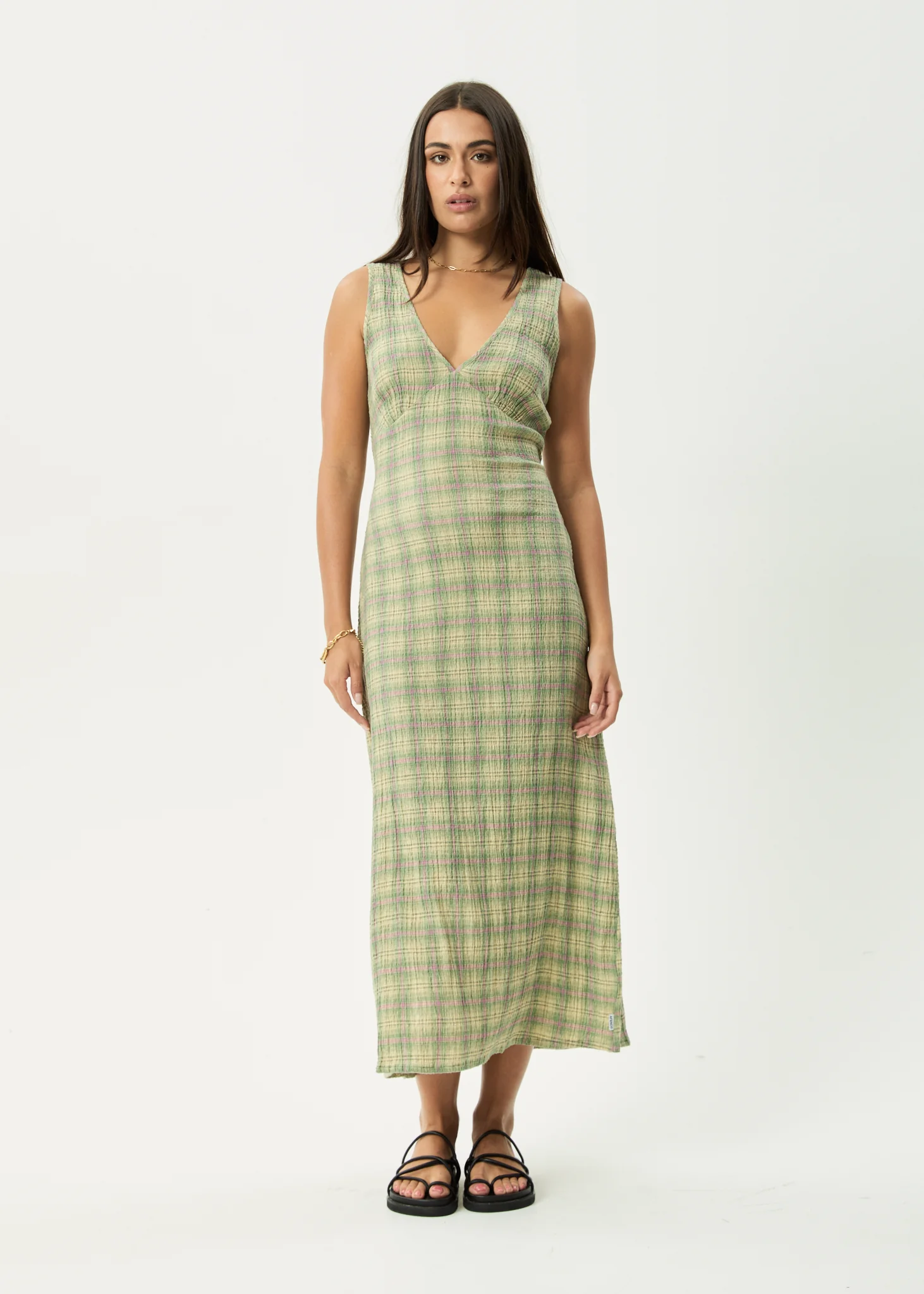 AFENDS Womens Position Tully - Seersucker Maxi Dress - Green Check